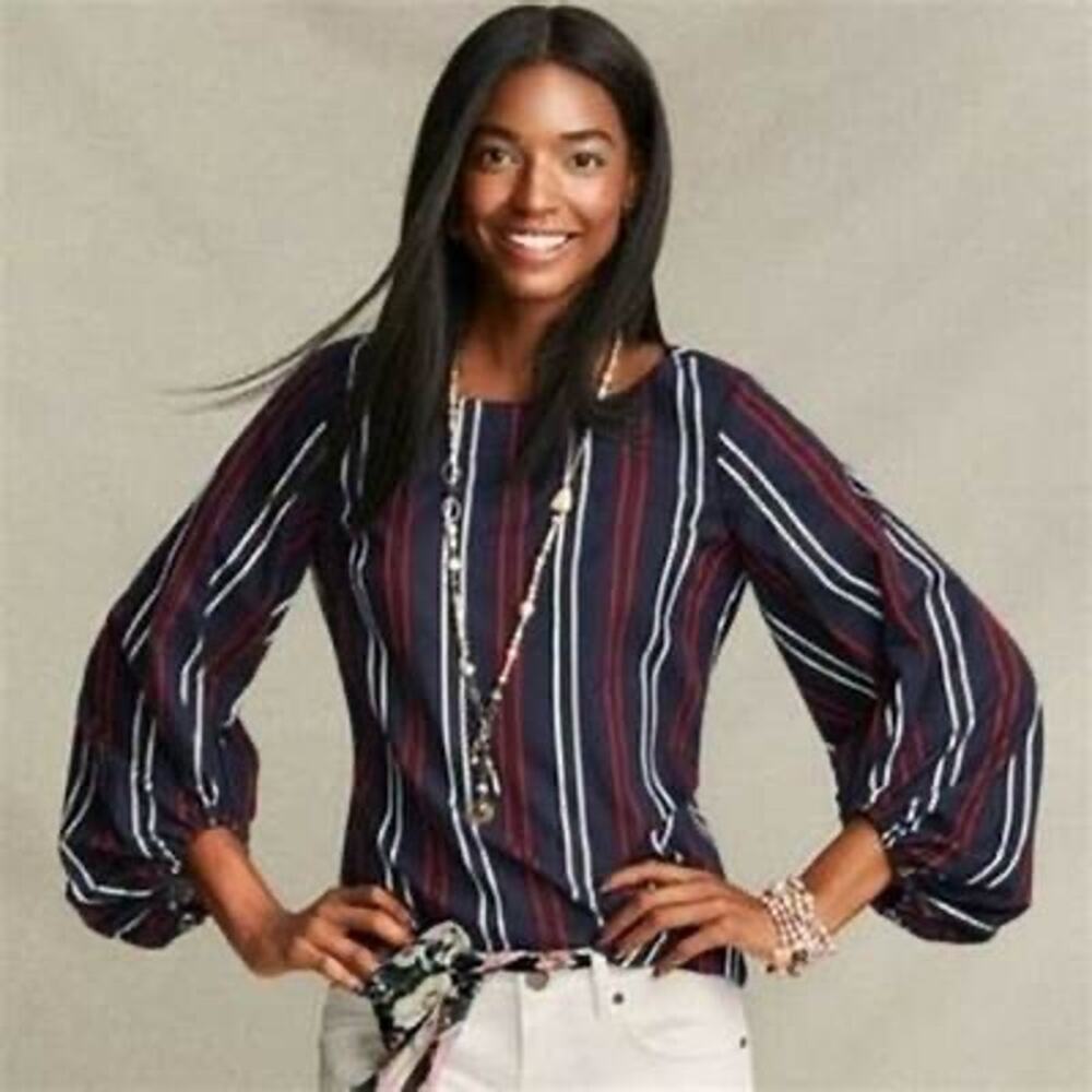 Cabi 5516 Striped Navy Blue Red White Flag Balloon Sleeve Blouse Size Small